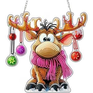 KEYIFA Christmas Diamond Painting Kit, DIY Reindeer Diamond Art for Adults, Diamonds Painting Pendant Special Shaped Rhinestone Window Hanging Ornaments Home Garden Wall Door Decoration, 20cm Width