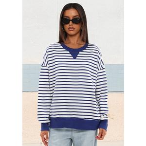 Darong Women Oversized Striped Color Block Long Sleeve Crew Neck Sweatshirt Casual Cotton Pullover Sweatshirts Fall Cloth (Small)