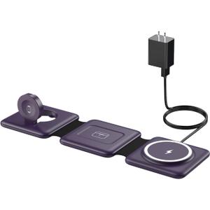 Charging Station for Mag Safe Apple - 3 in 1 Magnetic Foldable Wireless Charger Pad - Travel Charging Mat for iPhone 16 15 14 13 12 Pro Max Plus Watch & Airpods (Deep-purple)