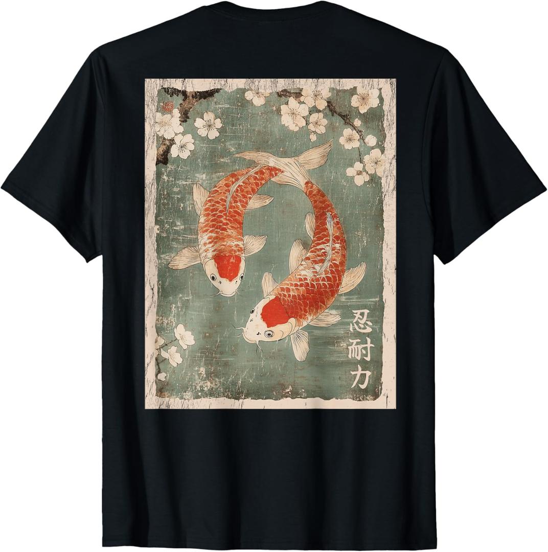 Koi fish and Cherry Blossom tree Japanese Woodblock art BACK T-Shirt, Size L