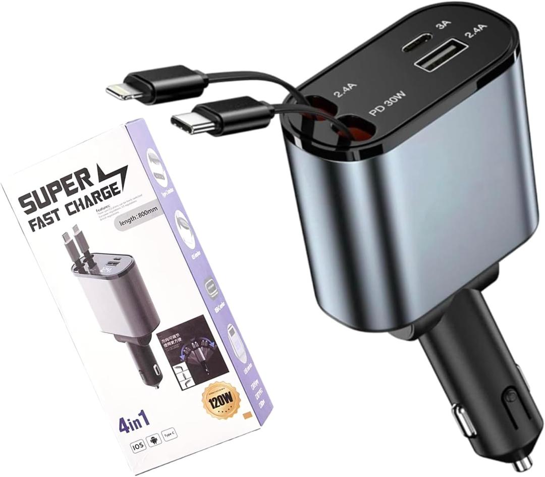 4-in-1 Retractable Car Charger USB Type C Cable - 120W Fast Charging Adapter with Dual USB Ports & Retractable Cable, Compatible with iPhone, Samsung Galaxy and Pixel Phones.