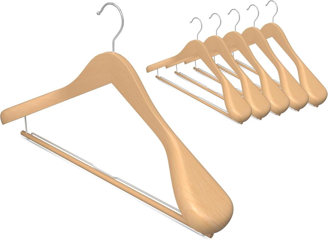 StorageWorks 6 Pack Wooden Hangers, Extra Wide Shoulder Wood Hangers with Locking Bar for Suit, Shirt, Coat, Pants, Natural Color
