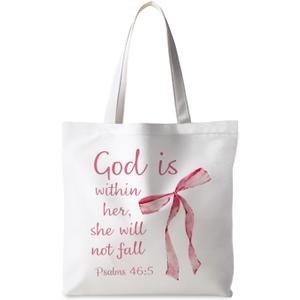 Coquette Pink Bow Christian Tote Bag, God Is Within Her She Will Not Fall Bible Canvas Tote Bags for Women, Preppy Religious Reusable Grocery Shopping Bags