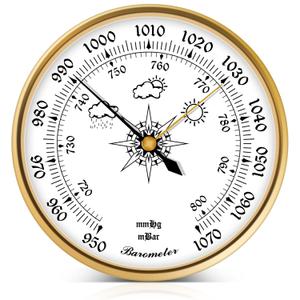 Barometer Weather Station - 5Inch Home Wireless Weather Station Indoor Outdoor Hanging Barometer for Home Wall, Fishing Boat, Baby Room, Office, Stainless Steel Enclose, Acrylic Glass (Gold)