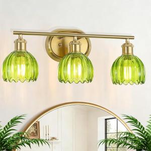 Gold Bathroom Light Fixtures, 3-Light Vanity Lights for Bathroom with Ribbed Green Tulip Glass Shade, Brass Wall Scone Lighting Over Mirror for Farmhouse,Bedroom,Living Room,Hallway