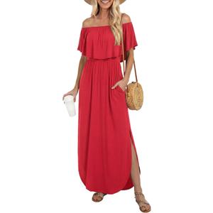 LILBETTER Womens Off The Shoulder Ruffle Party Dresses Side Split Beach Maxi Dress Large