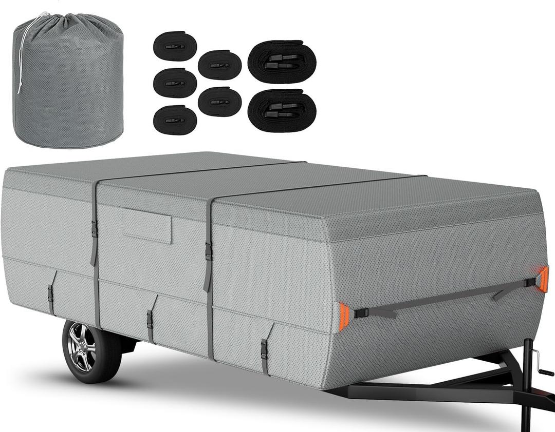 Tuszom Pop Up Camper Tent Trailer Cover Extra Thick 7 Layers Tearproof Popup Folding Camper Coverwith Storage Bag and 7PCS Windproof Straps (7 Layers Non-Woven Fabric) (Gray, Fits 12'-14')