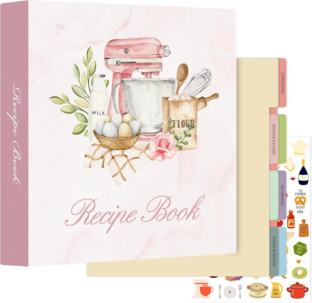 Lanpn Recipe Binder 8.5x11 3 Ring Kit, Waterproof Recipe Book Blank Organizer Recipe Binder to Write in Your Own Recipes with 60 Plastic Sleeves,116 Recipes, Dividers,Labels & Stickers, Pink