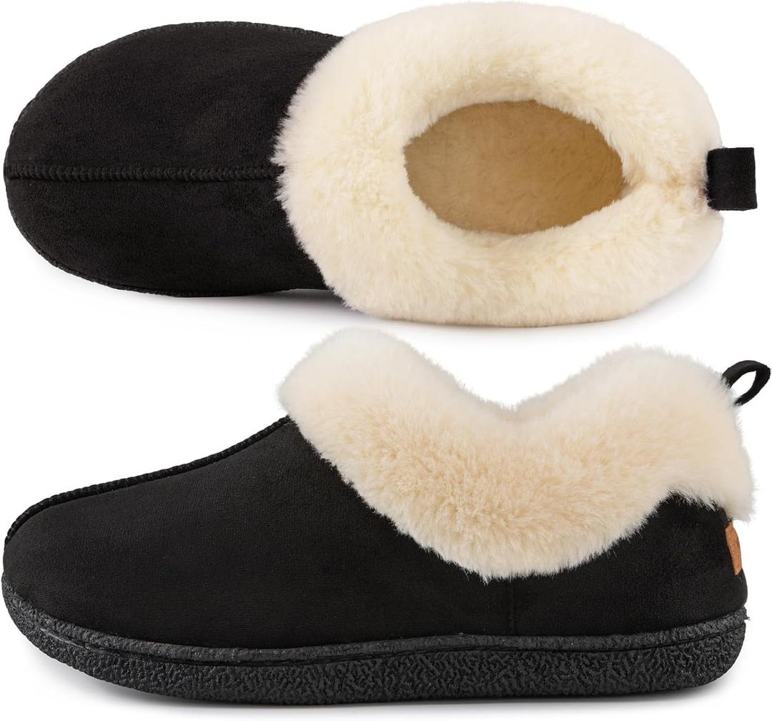 HomeTop Women's Closed-back Slippers Faux Wool Warm Non-slip Outdoor Indoor House Shoes with Fuzzy Collar (7-8), Timeless Black 