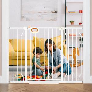 37.4" Tall Retractable Baby Gates, 29-46.5 Inch Wide Auto Close Cat Baby Gates for Stairs & Doorways, Easy Install Pressure Mounted Pet Dog Gate with Double Locking Safety Release, White