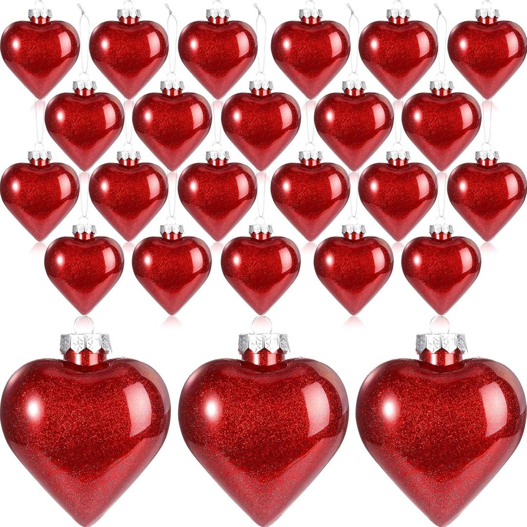 Civaner Large Valentine's Day Heart Ornaments for Valentine Decor, Glitter Heart Shaped Hanging Baubles with Pre-Strung Wire, Romantic Wedding Anniversary Party Decorations(Red,24 Pcs)