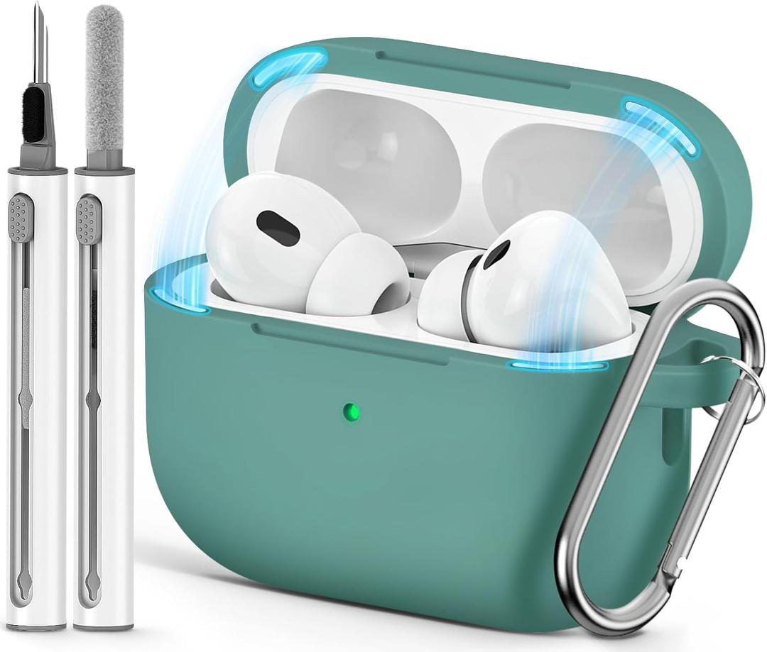 Ljusmicker for AirPod Pro Case Cover with Cleaner Kit, Soft Silicone Protective Case for Apple AirPods Pro 2nd/1st Generation for Women Men, AirPod Pro Case with Magnetic Lid Lock & Keychain-Solid Green