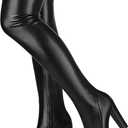 Thigh High Boots Women Chunky Heels Over The Knee Boots Pointed Toe Block Heeled Stretch Sexy High Heel Knee High Boots Side Zipper Long Boots (11, Black Matte Pu)