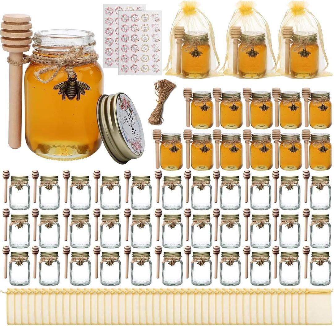 Mini Glass Honey Jars, 2 oz Glass Jars with Lids48 Pack Small Jar with Wooden Dippers, Mini Clear Bottles with Lids for Thank You Gifts,Baby Shower, Wedding Favors,Honey Jars Party Favor