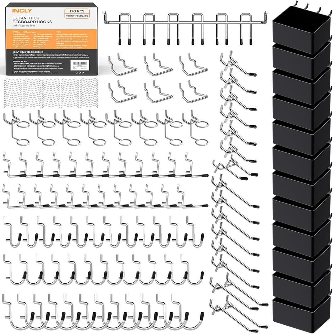 INCLY 170PCS 1/4 Inch Pegboard Hooks Kit, Extra Thick Heavy Duty Peg Board Organizer Accessories Assortment with Pegboard Bins & Peg Lock for Only 1/4" Pegboard Hanging Tools Garage Wall Attachment