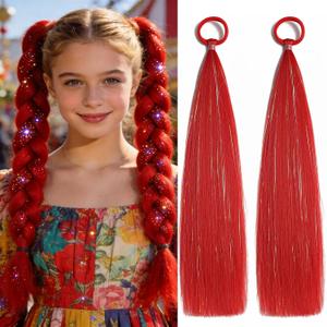 Red Ponytail Hair Extensions for Braids Tie In, 2 Packs 16 inch Colored Festival Crazy Hair Day Accessories