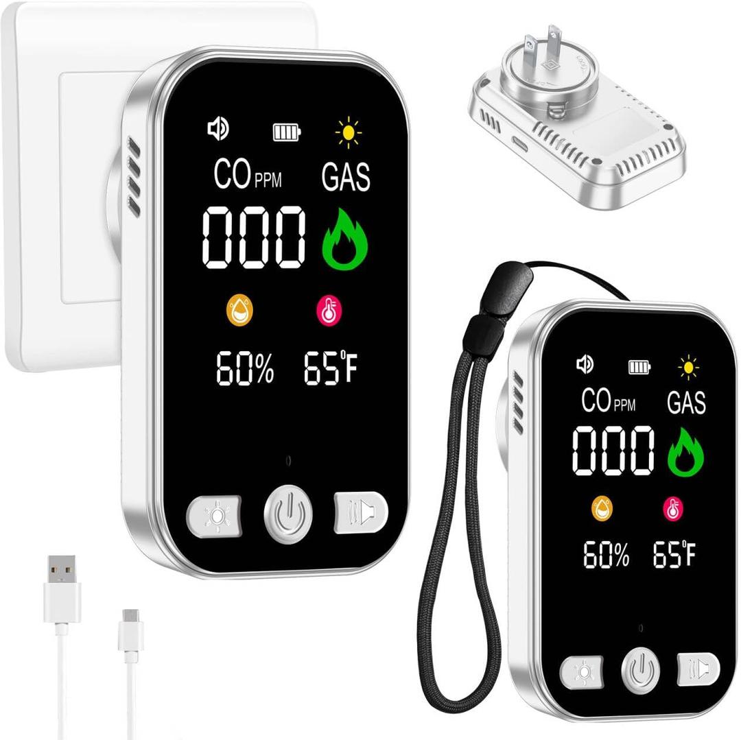 2 Pack Carbon Monoxide Detectors & Natural Gas Alarm Plug in,4-in-1 CO Detector & Combustible Gas Sensor with Battery Backup,Temperature & Humidity Display,Ideal for Home Travel