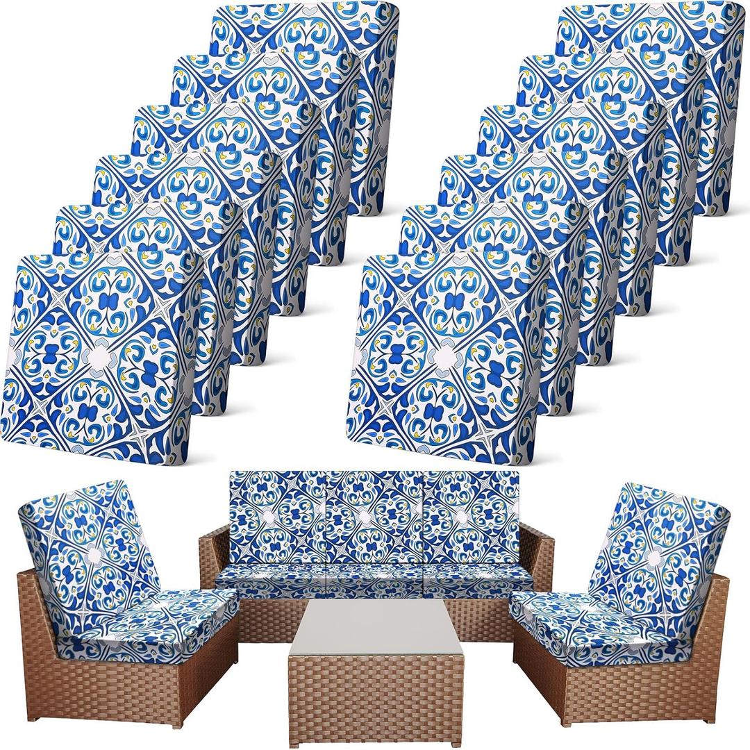 Newwiee 12 Pcs Patio Cushion Covers Outdoor Stretch Sofa Couch Cover Replacement Couch Slipcover Sofa Seat Chair Porch Patio Furniture Protector, Flexibility Washable(Blue Series,Retro)
