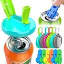 4pcs Soda Can Lids with Straws(with 1 straw brush and 4 Easy Can Openers) Reusable BPA-Free Can Covers for Soda, Beer & Energy Drinks, Universal Fit 2.13inch/54mm Cans, Helps Keep Drinks Fresh & Clean