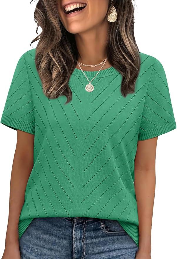 WIHOLL Short Sleeve Sweater for Women Trendy Summer Tops Crew Neck Business Casual Outfits 2026 M