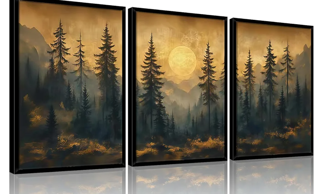 Framed 3pcs Vintage Pine Forest Wall Art Nature Landscape Full Moon Canvas Prints Woodland Picture Poster Misty Forest Paintings Wall decor for Living Room Bedroom O