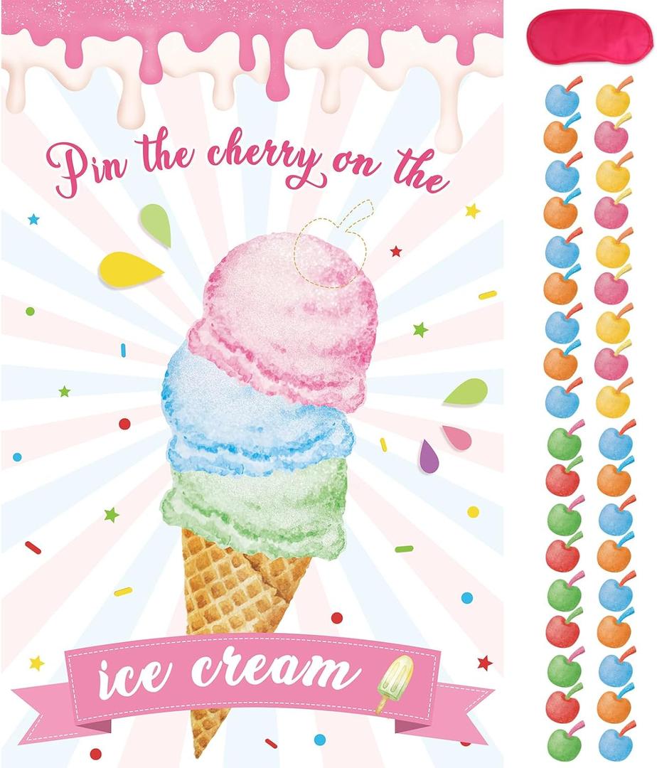 Hooqict Pin The Cherry On The Ice Cream Game Birthday Party Games for Kids Ice Cream Theme Party Decorations Supplies for Girls, Large Ice Cream Poster with 36 Cherry Stickers Wall Decor