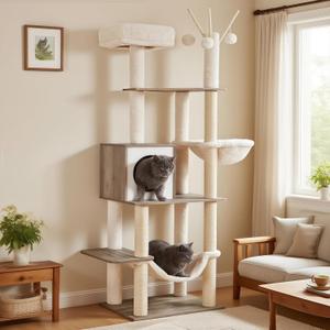 Hey-brother Wooden Cat Tree, 66.1 Cat Furniture with Scratching Posts, Modern Cat Tower with hammocks, Toys, cat condo, Rustic Gray MPJ120SG