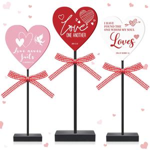 Geetery 3 Pcs Christian Valentine's Day Decorations Bible Verse Religious Jesus Heart Wooden Sign Standing Block Love Christian Tables Centerpieces Valentines Sign for Church Gift Wedding Home Shelf