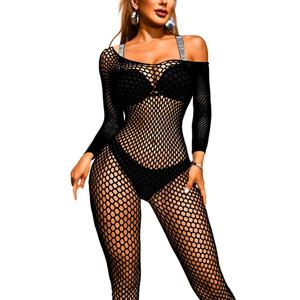 Women Fishnet Bodystocking Attached Stockings Sexy Lingerie Crotchless Bodysuit One Piece Babydoll One Size Black