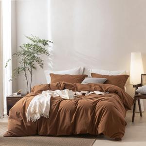 BDEAR Linen Feel Dark Orange Duvet Cover Queen Size 90'' L x 90'' W, Percale 100% Washed Cotton Duvet Cover with Zipper Closure Plus 2 Pillowcases, Oeko TEX Standard 100 Certificated