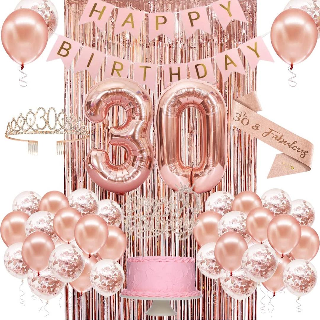 30th Birthday Decorations for Her, Happy 30th Birthday Banner, Crown, Sash, Cake Topper and Number Balloon, Rose Gold 30 Birthday Party Decorations for Women