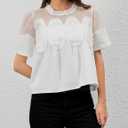 Womens Lace Flared Short Sleeve Blouse Lace Poplin Ruffle Mesh Crew Neck Swing Babydoll Tops Elegant Loose Shirts (S)