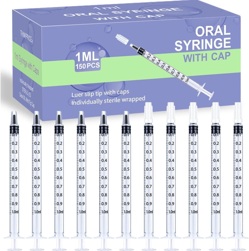 150 Pcs 1ml Syringes with Caps Oral Dispenser Individually Sterile Warpped for Medicine Dropper, Colostrum Collect Feeding Pets, Liquid