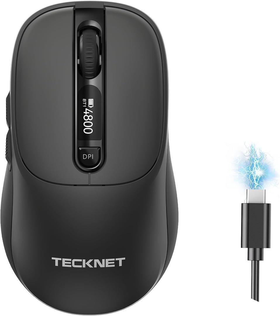 TECKNET Bluetooth Mouse with Screen, [ BT5.2+BT5.0+2.4G ] Wireless Mouse, Type-C Rechargeable with LED Screen Display, 4800DPI Computer Mice, Silent Click, Tri-Mode for Laptop, Computer, iPad, MacBook