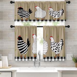 Rooster Kitchen Window Curtains Valance and Tier Set 36 Inch Farmhouse Black White Chicken Rod Pocket Short Tier Curtain, Vintage Rustic Small Drapes for Kitchen Decor