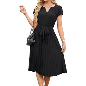 ECOWISH Womens Casual Midi Dresses Solid V Neck Short Sleeve Button Shirt Belted Dress with Pockets for Spring Summer, Black X-Large