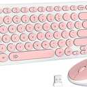 FD iK6630 Wireless Keyboard and Mouse Combo  2.4GHz USB Cordless, Cute Round Keys, Quiet and Slim Set for Laptop, Computer, TV, and Mac  Salmon Pink & White