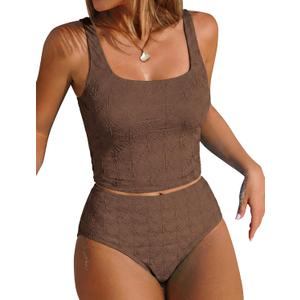 ZAFUL Womens Tankini Swimsuits Two Piece Tummy Control Bathing Suits Textured Tankini Swim Top with High Waisted Bottom (Brown, S)