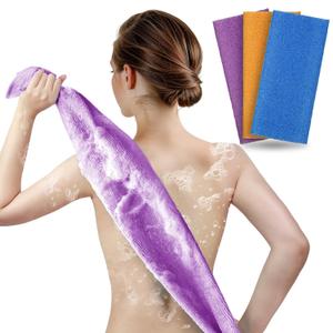 ARCH&M Exfoliating Washcloth Body Scrubber Back Scrubber for Shower Japanese Beauty Washcloth Bath Wash Cloth Korean Exfoliation Luffah Towel Net Sponge Loofah Scrub 3 Pack (Orange, Purple, Navy-Blue)