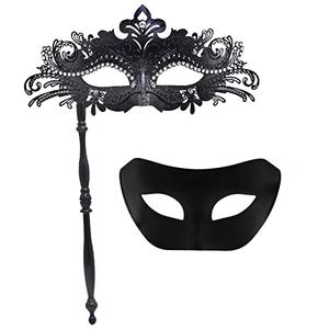 IETANG Couple Mask Half Venetian Masquerade Ball Mask Party Costume Accessory (on Stick-black)