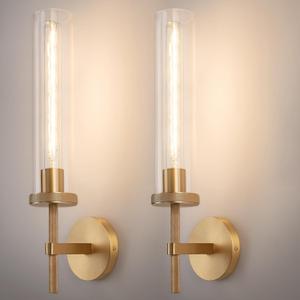 19.5" Knurled Brass Wall Sconces Set of 2, Gold Bathroom Vanity Light Fixtures with Clear Glass Tube, Modern Lamp Lighting for Bedroom, Living Room, Hallway, Staircase, Mirror, Kitchen
