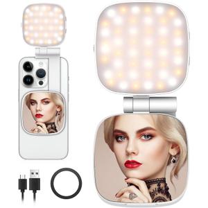 Magnetic Selfie Light Compatible for MagSafe iPhone, CRI 95+ 700lx/0.3m Folding LED Phone Fill Ring Lighting with Full Mirror for Zoom Makeup Photography Recording Video Conference TikTok (M27-White)