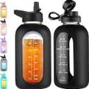 CIVAGO 64 oz Glass Water Bottle Jug with Straw and Handle, Half Gallon Sports Motivational Water Bottle with Time Marker, Wide Mouth Flask Canteen with Silicone Sleeve for Gym, Black