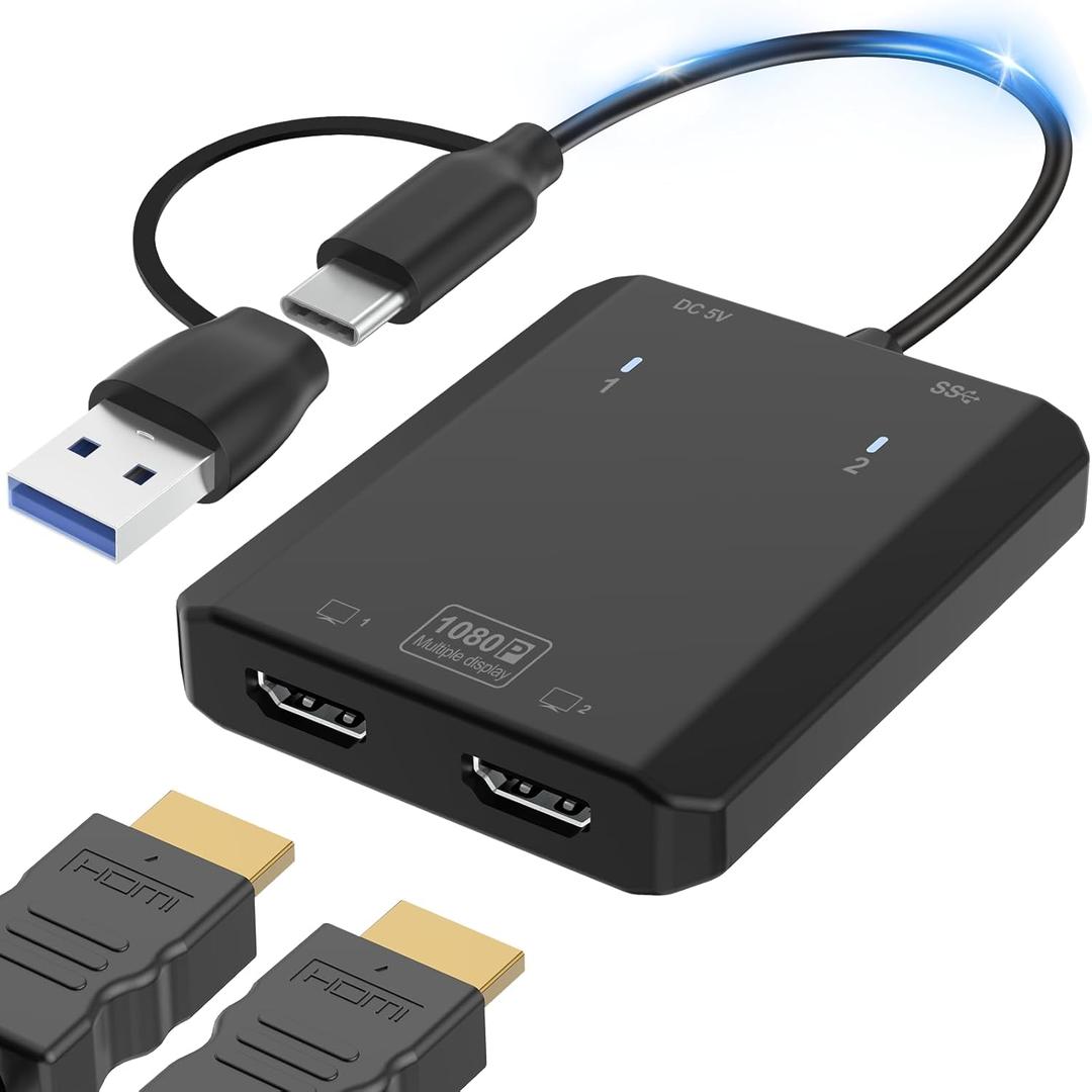Herfair USB to HDMI Adapter [1080P Full HD] HDMI Splitter for Dual Monitors USB 3.0 to Extended Display Converter 1 in 2 Out Multiple Screen Extender for MacOS/Windows 11/10/8/7 Laptops (Two HDMI Ports)