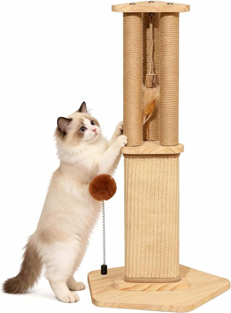 Cat Scratching Post for Indoor Cats,Kitten sisal Scratch Post for Cute Small Medium Adults cat,Rope Scratcher with Ball (27" H)