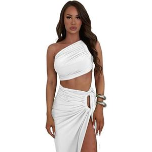 Women's 2 Piece Dress Sexy Y2k Strapless Crop Top High Slit Skirt Bodycon Maxi Long Skirt Suit Night Out Dress Sets M