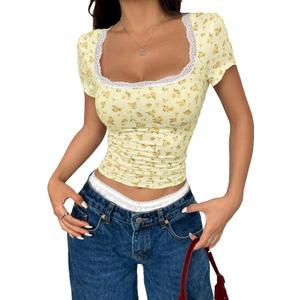 Women Y2k Ditsy Floral Lace Trim Crop Tops Yellow Cute Scoop Neck Tight Fitted Short Sleeve T Shirts Going Out (L)