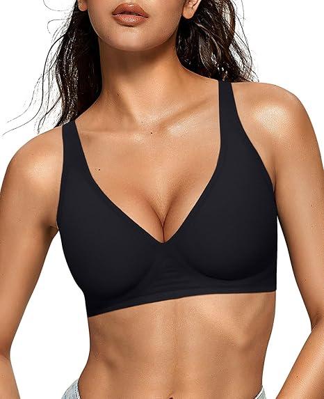 OEAK Womens Deep V Bras Wireless Comfortable Bra Supportive No Underwire Bras Tshirt Push Up Bralettes Plunge Seamless Bra, M