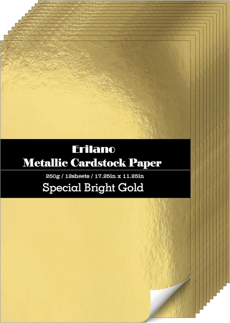 Erilano Gold Cardstock Paper 12 Sheets, 17.25x11.25 inch Large Format Premium 92lb/250GSM Metallic Mirror Finish for Wedding Invitations, Posters, Card Making, Certificates, Scrapbooking
