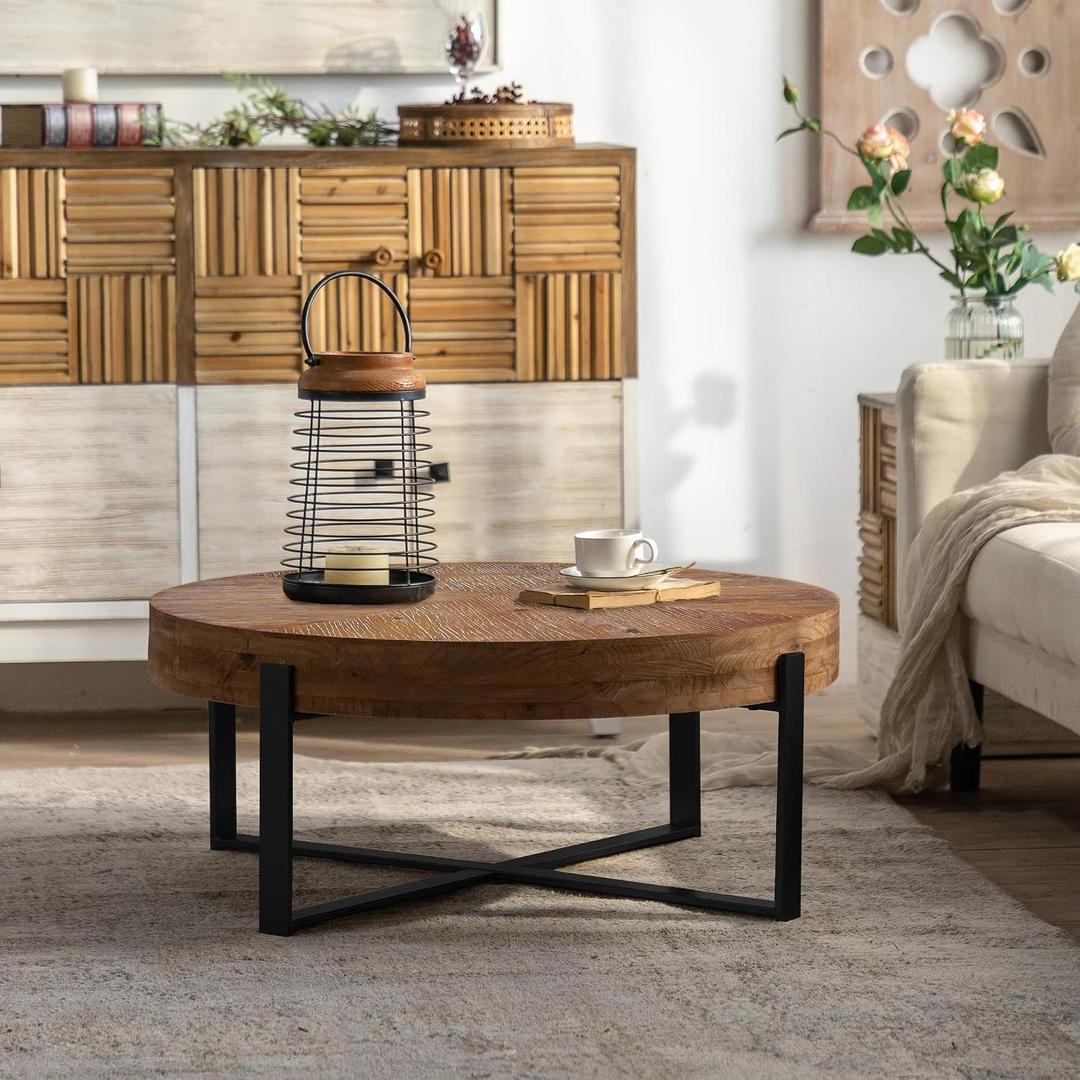 31.29" Modern Retro Splicing Round Coffee Table,Fir Wood Table Top with Black Cross Legs Base